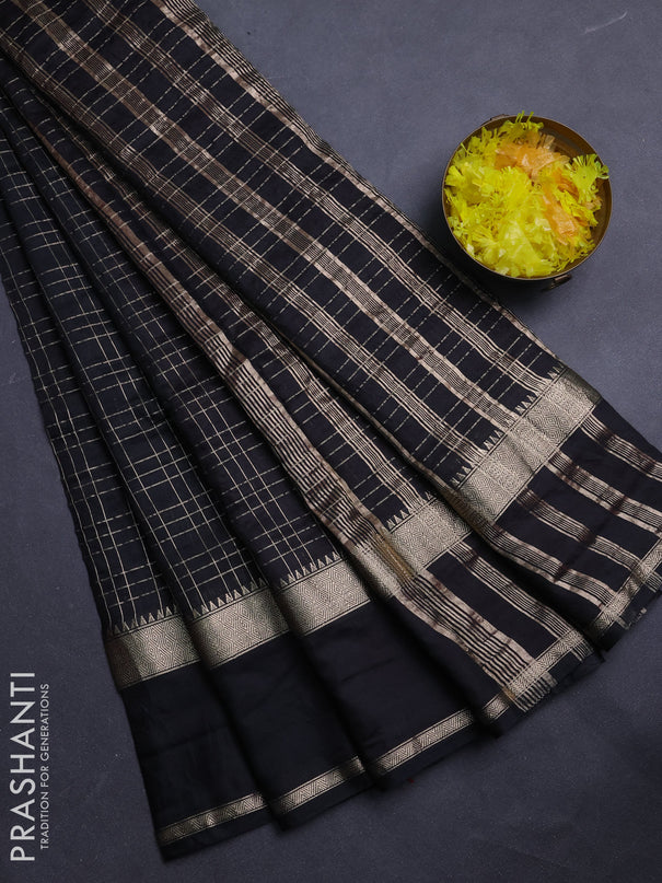 Semi chanderi saree black and red with allover zari checked pattern and rettapet zari woven border