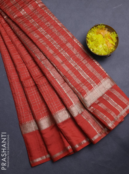 Semi chanderi saree rustic orange and maroon with allover zari checked pattern and long rettapet zari woven border