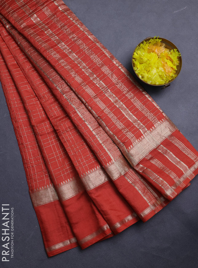 Semi chanderi saree rustic orange and maroon with allover zari checked pattern and long rettapet zari woven border