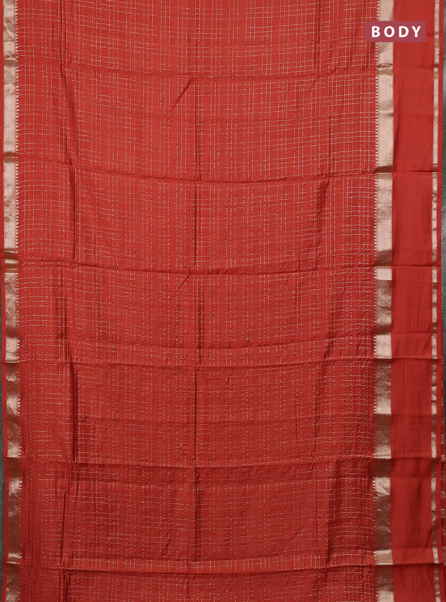 Semi chanderi saree rustic orange and maroon with allover zari checked pattern and long rettapet zari woven border
