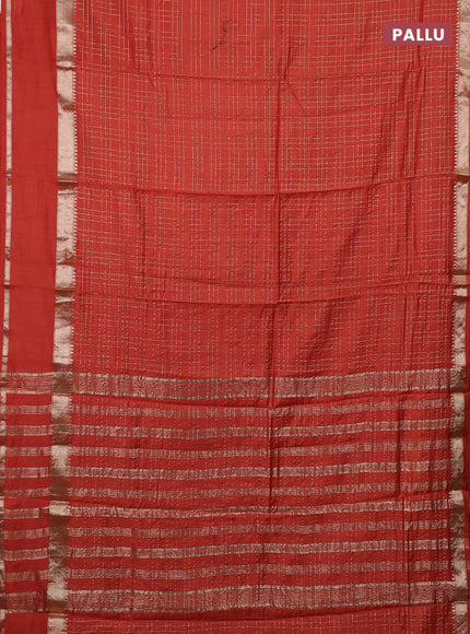 Semi chanderi saree rustic orange and maroon with allover zari checked pattern and long rettapet zari woven border