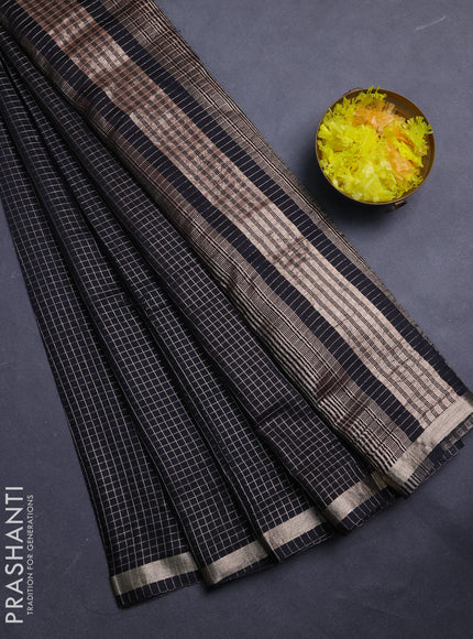 Semi chanderi saree black and rustic orange with allover zari checked pattern and zari woven border