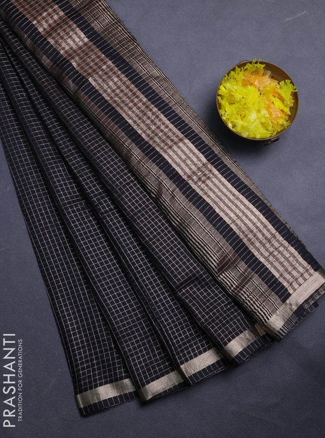 Semi chanderi saree black and rustic orange with allover zari checked pattern and zari woven border