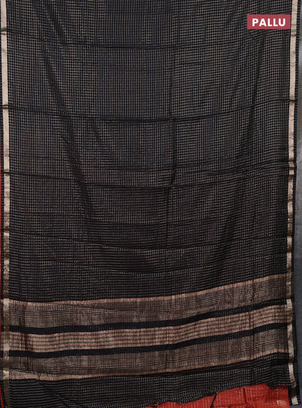 Semi chanderi saree black and rustic orange with allover zari checked pattern and zari woven border