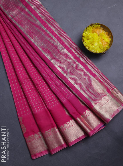 Semi chanderi saree pink and violet with allover zari checked pattern and zari woven buttas border