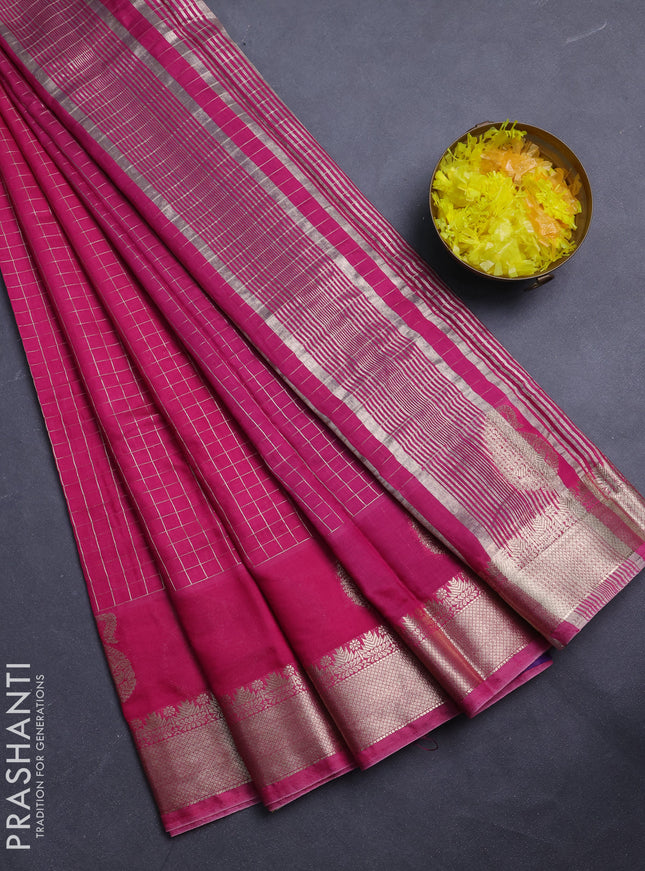 Semi chanderi saree pink and violet with allover zari checked pattern and zari woven buttas border