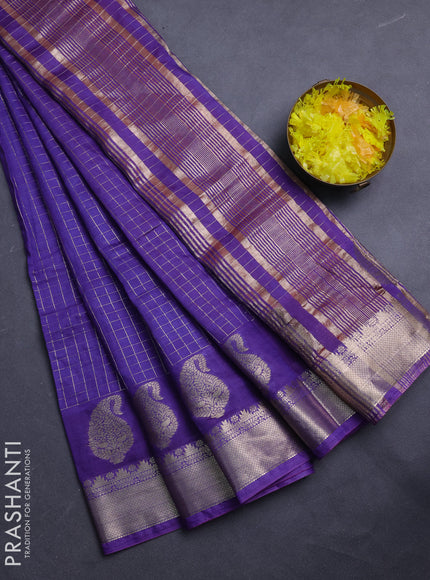 Semi chanderi saree violet and rustic orange with allover zari checked pattern and zari woven buttas border