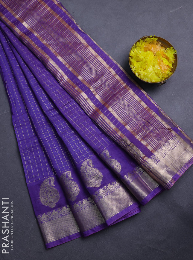 Semi chanderi saree violet and rustic orange with allover zari checked pattern and zari woven buttas border