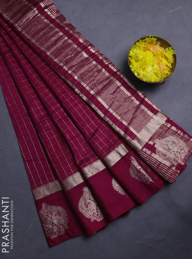 Semi chanderi saree deep maroon and green with allover zari checked pattern and zari woven buttas border