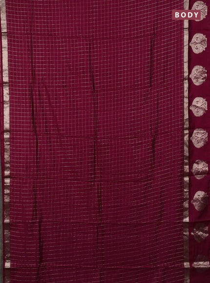 Semi chanderi saree deep maroon and green with allover zari checked pattern and zari woven buttas border
