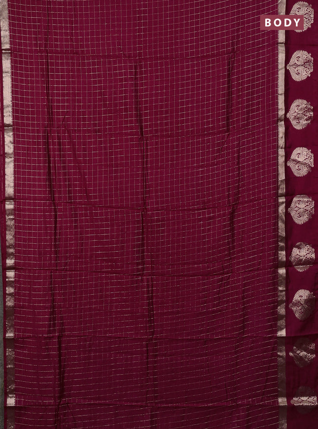 Semi chanderi saree deep maroon and green with allover zari checked pattern and zari woven buttas border