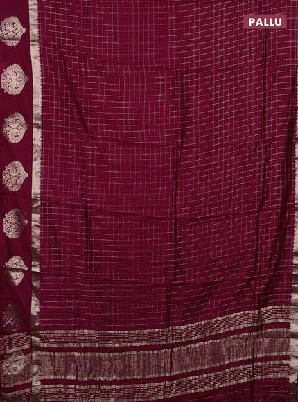 Semi chanderi saree deep maroon and green with allover zari checked pattern and zari woven buttas border
