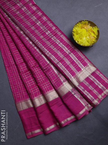 Semi chanderi saree pink and violet with allover zari checked pattern and long rettapet zari woven border