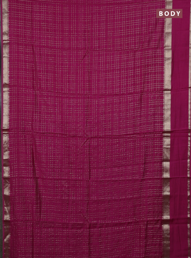 Semi chanderi saree pink and violet with allover zari checked pattern and long rettapet zari woven border