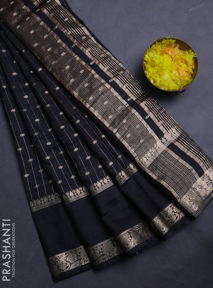 Semi chanderi saree black and red with allover zari stripe & buttas and rettapet zari woven border
