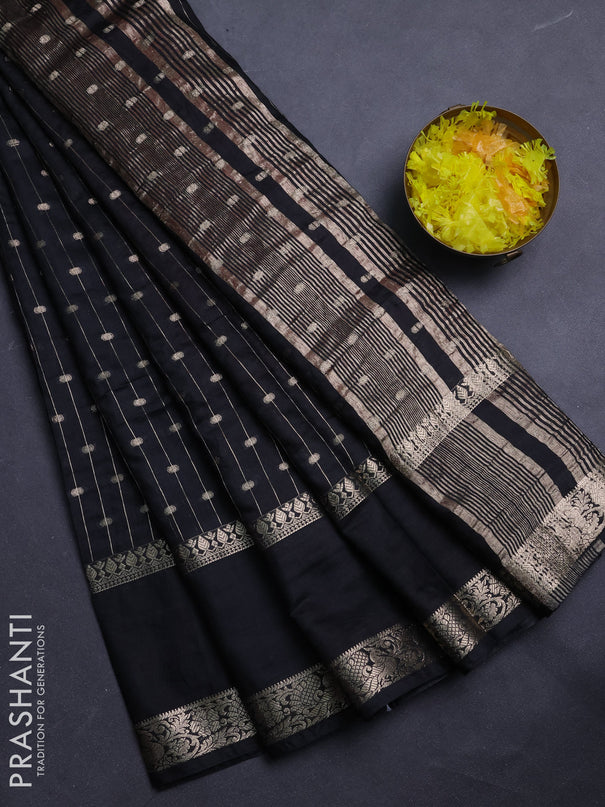 Semi chanderi saree black and red with allover zari stripe & buttas and rettapet zari woven border
