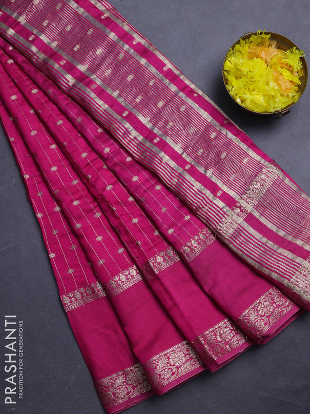 Semi chanderi saree light pink and violet with allover zari stripe & buttas and rettapet zari woven border