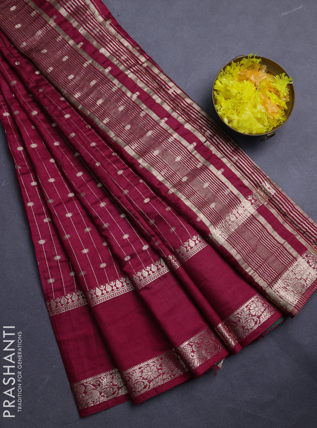 Semi chanderi saree maroon and green with allover zari stripe & buttas and rettapet zari woven border