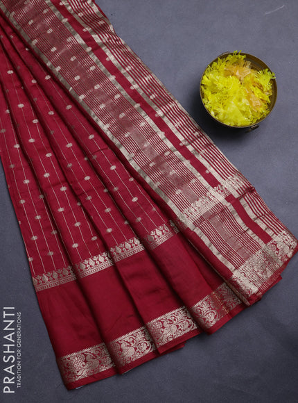 Semi chanderi saree red and green with allover zari stripe & buttas and rettapet zari woven border