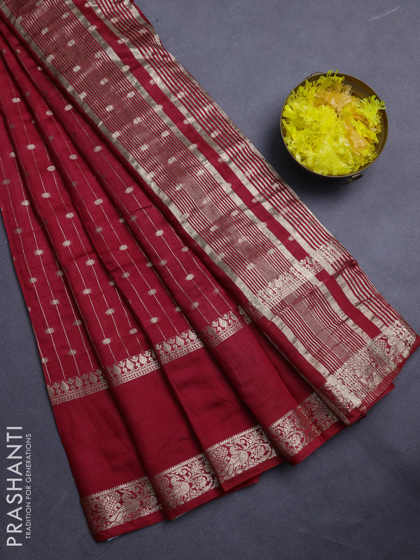Semi chanderi saree red and green with allover zari stripe & buttas and rettapet zari woven border