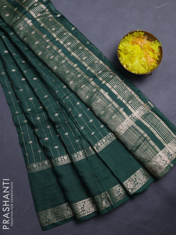 Semi chanderi saree green and pink with allover zari stripe & buttas and rettapet zari woven border