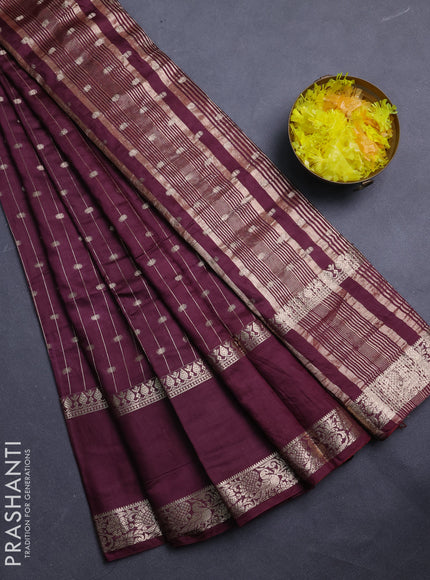 Semi chanderi saree deep wine shade and rustic orange with allover zari stripe & buttas and rettapet zari woven border