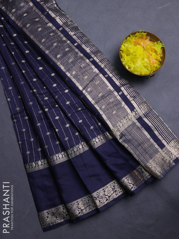 Semi chanderi saree navy blue and violet with allover zari stripe & buttas and rettapet zari woven border