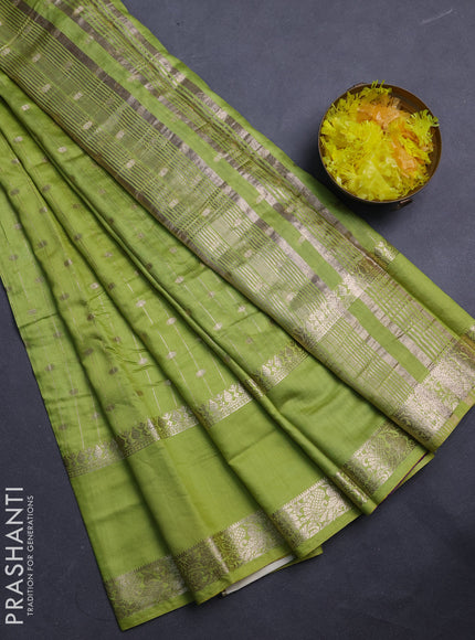 Semi chanderi saree light green and violet with allover zari stripe & buttas and rettapet zari woven border
