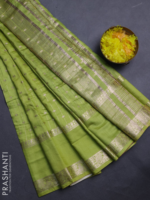 Semi chanderi saree light green and violet with allover zari stripe & buttas and rettapet zari woven border