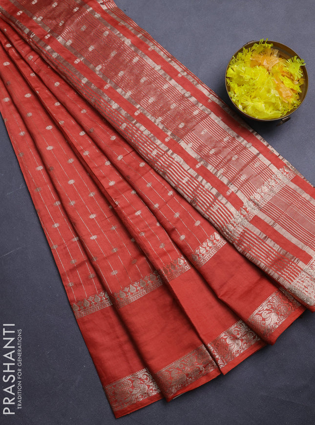 Semi chanderi saree rustic orange and deep maroon with allover zari stripe & buttas and rettapet zari woven border