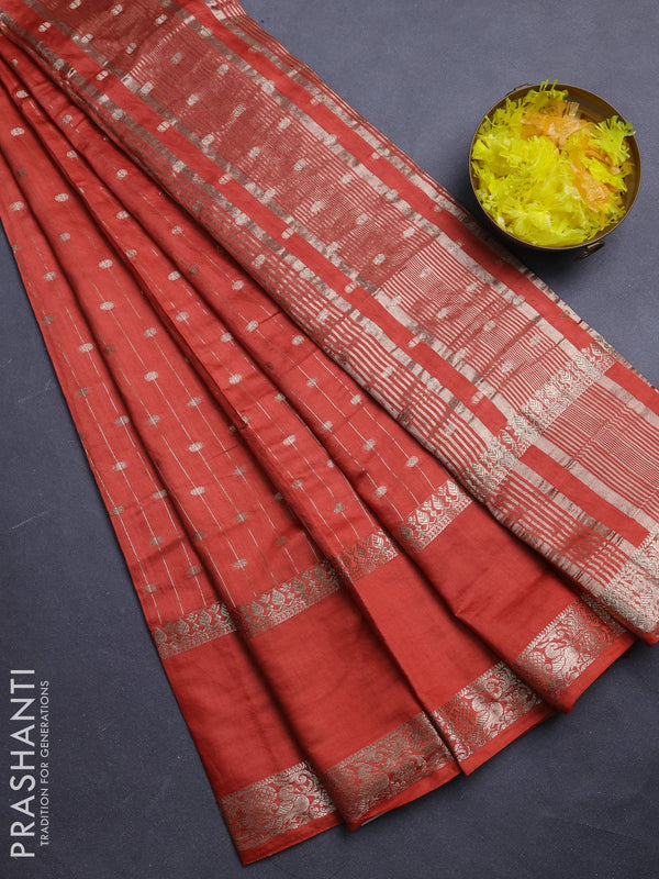Semi chanderi saree rustic orange and deep maroon with allover zari stripe & buttas and rettapet zari woven border