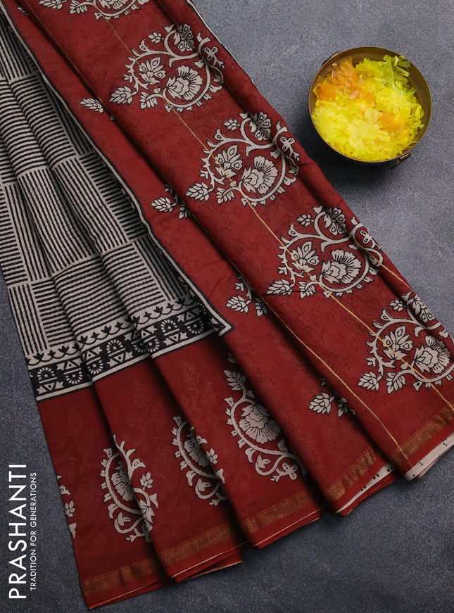 Chanderi Bagru saree black and rust shade with geometric prints and small zari woven border