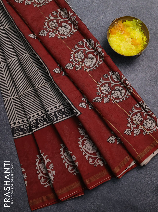 Chanderi Bagru saree black and rust shade with geometric prints and small zari woven border