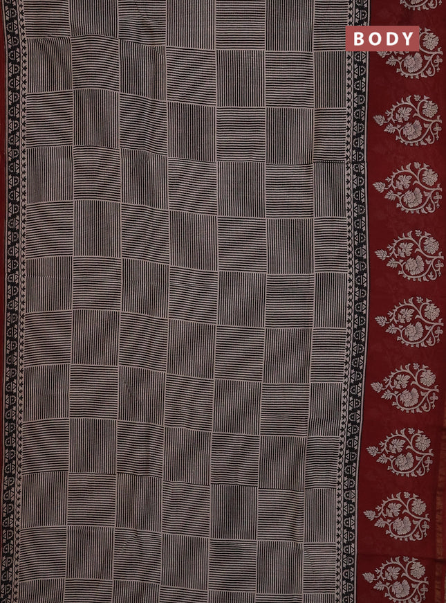 Chanderi Bagru saree black and rust shade with geometric prints and small zari woven border