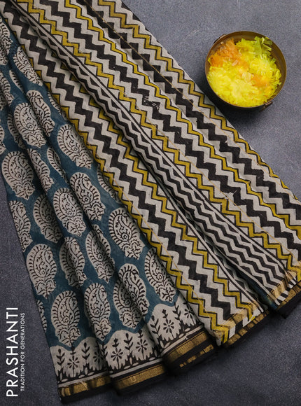 Chanderi Bagru saree peacock green and black with allover stripes pattern and small zari woven border