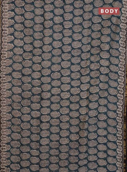 Chanderi Bagru saree peacock green and black with allover stripes pattern and small zari woven border