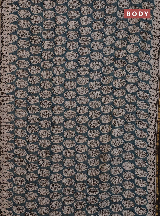 Chanderi Bagru saree peacock green and black with allover stripes pattern and small zari woven border