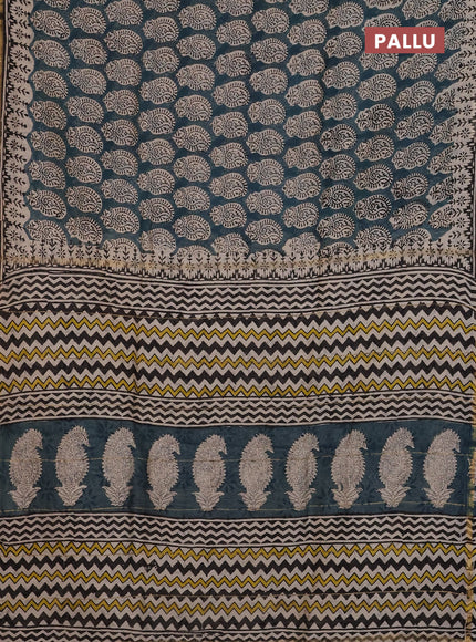 Chanderi Bagru saree peacock green and black with allover stripes pattern and small zari woven border