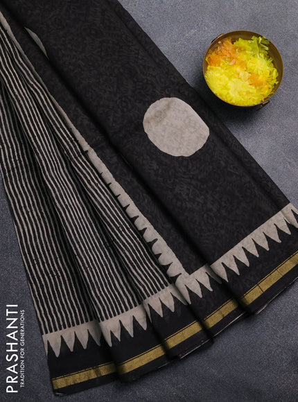 Chanderi Bagru saree black and beige with allover stripe pattern and small zari woven border
