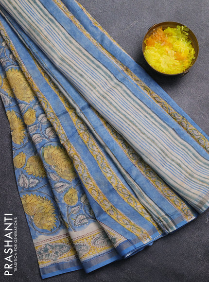 Chanderi Bagru saree blue with allover prints and printed small zari border