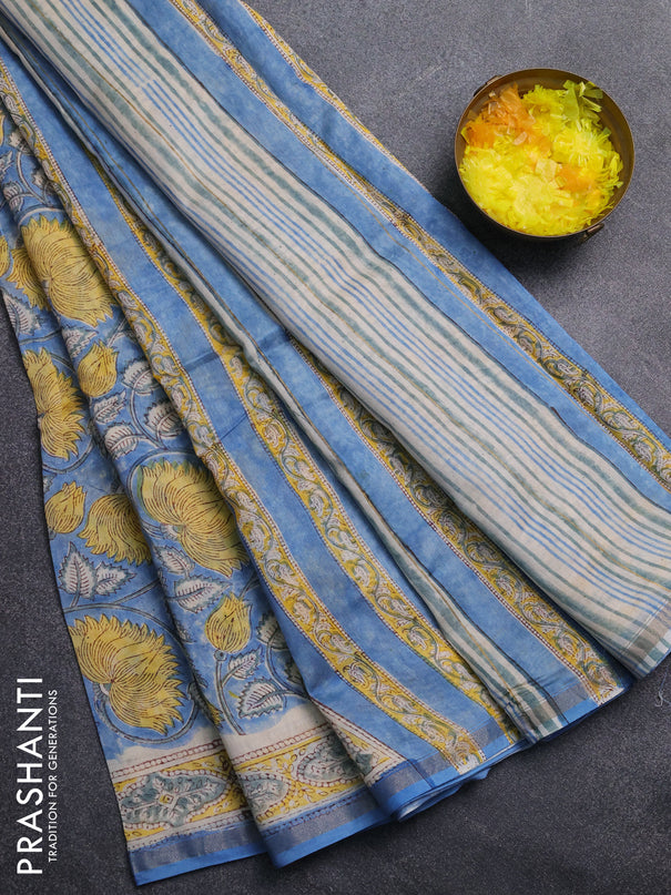 Chanderi Bagru saree blue with allover prints and printed small zari border