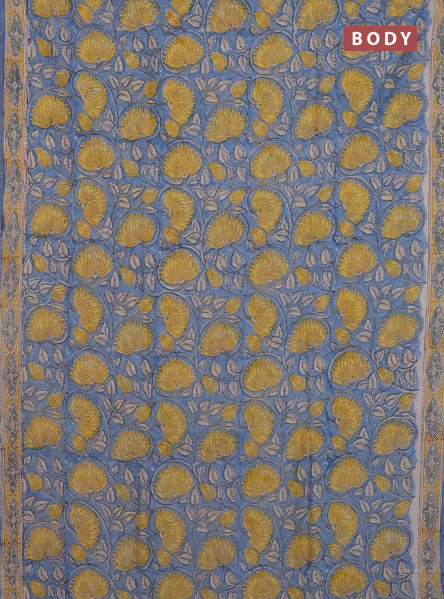 Chanderi Bagru saree blue with allover prints and printed small zari border