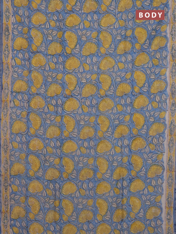 Chanderi Bagru saree blue with allover prints and printed small zari border
