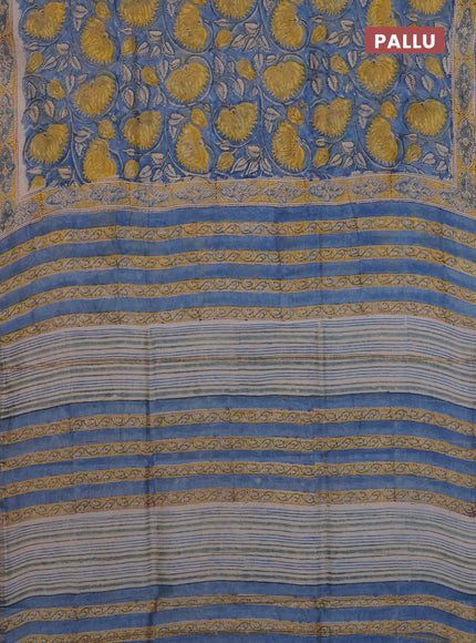 Chanderi Bagru saree blue with allover prints and printed small zari border