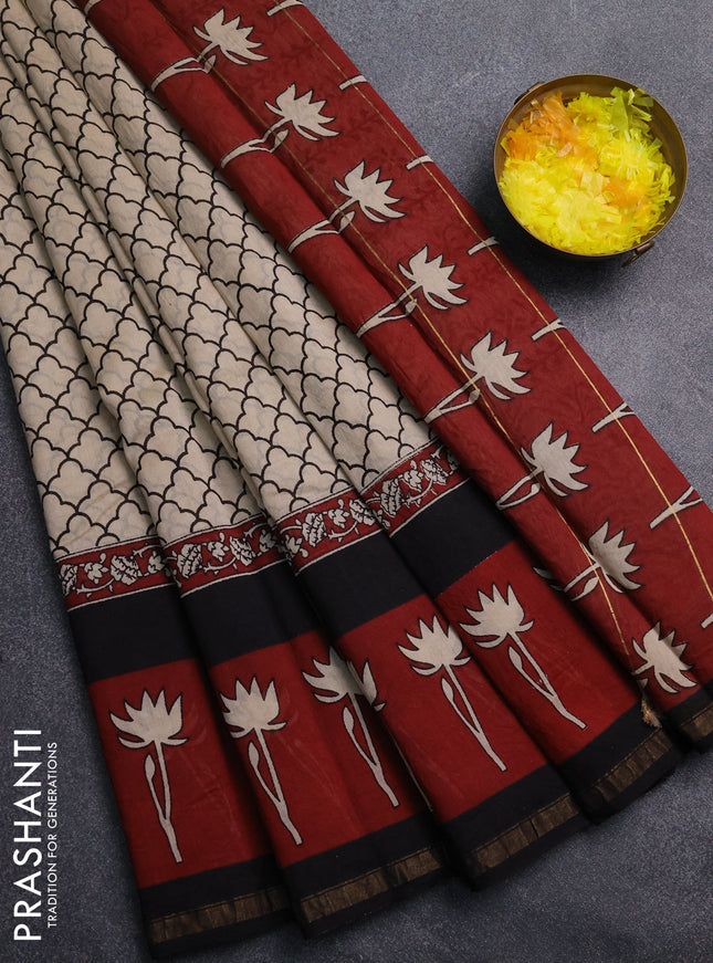 Chanderi Bagru saree beige and black with allover prints and printed small zari border