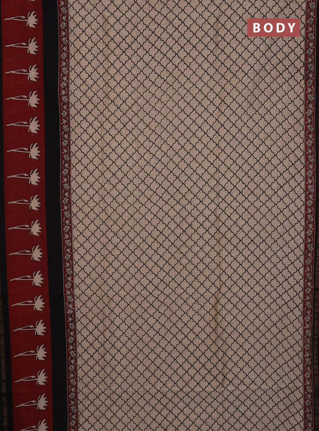 Chanderi Bagru saree beige and black with allover prints and printed small zari border
