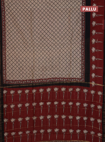 Chanderi Bagru saree beige and black with allover prints and printed small zari border
