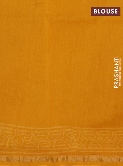 Chanderi Bagru saree yellow with allover butta prints and zari woven border