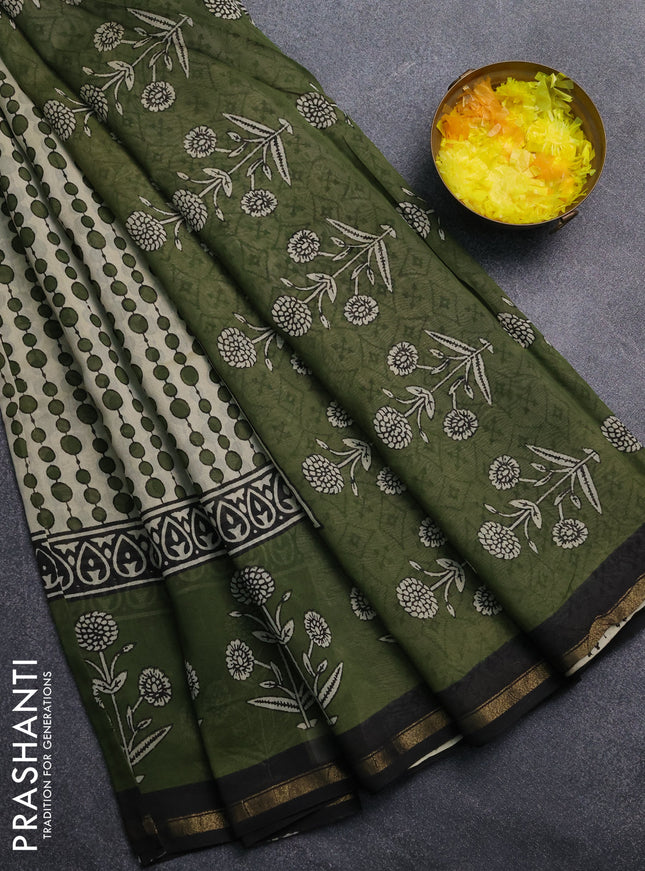 Chanderi Bagru saree beige and mehendi green with allover geometric prints and zari woven border