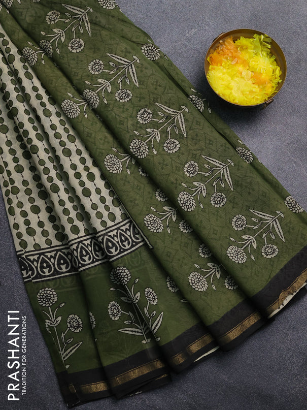 Chanderi Bagru saree beige and mehendi green with allover geometric prints and zari woven border